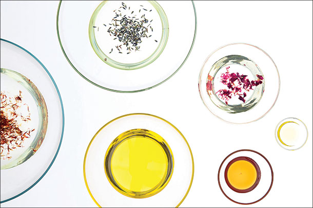 An array of exotic face oils, some with a boost of lavender and rose.