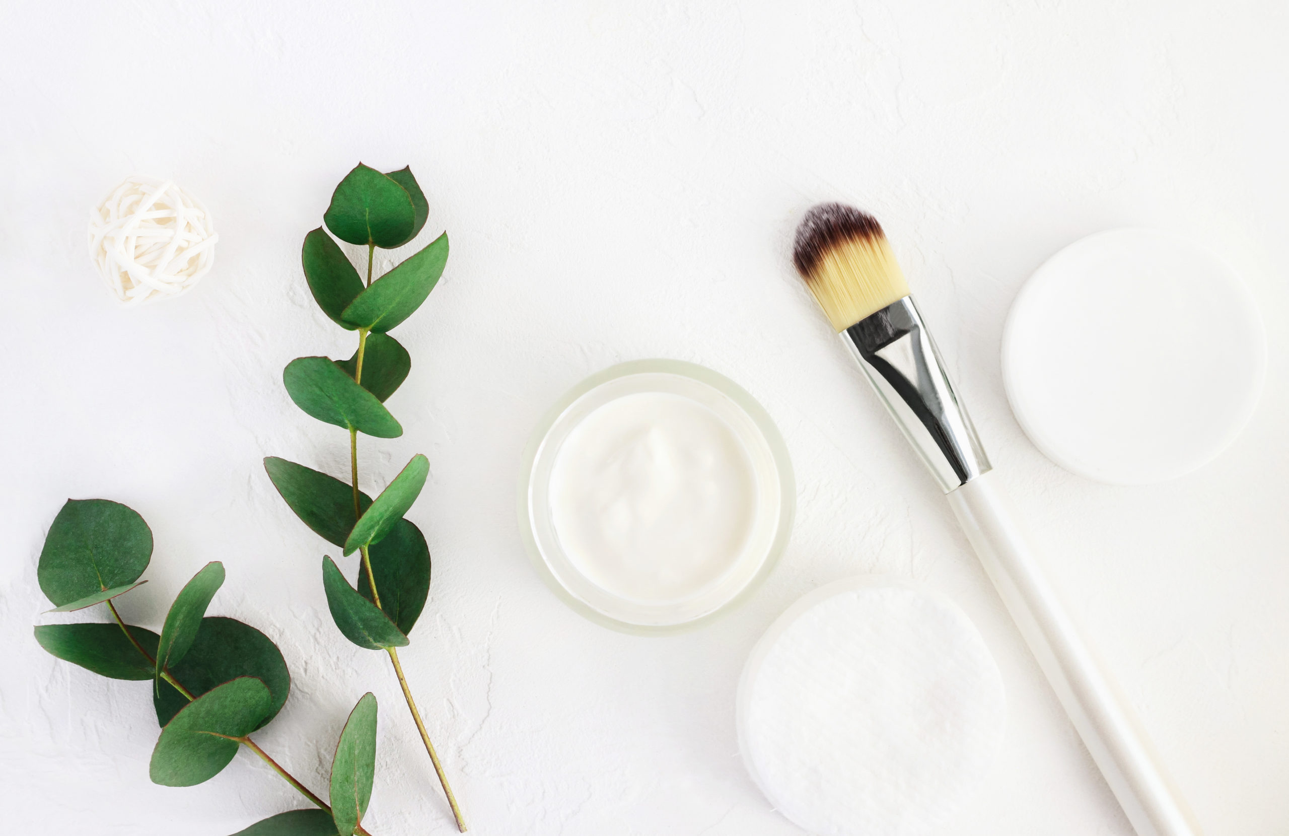 Skincare cosmetics with aroma eucalyptus plant extract. Home spa and body care.