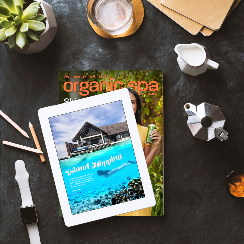 Flat lay desktop, white magazine and blank screen digital tablet