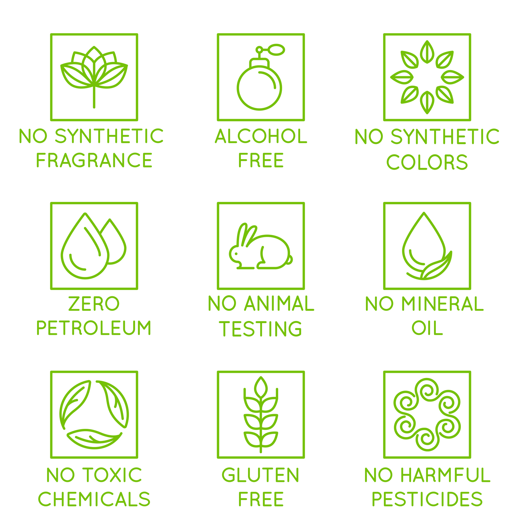 Vector set of design elements, logo design template, icons and badges for natural and organic cosmetics in trendy linear style - no synthetic fragrance and colors